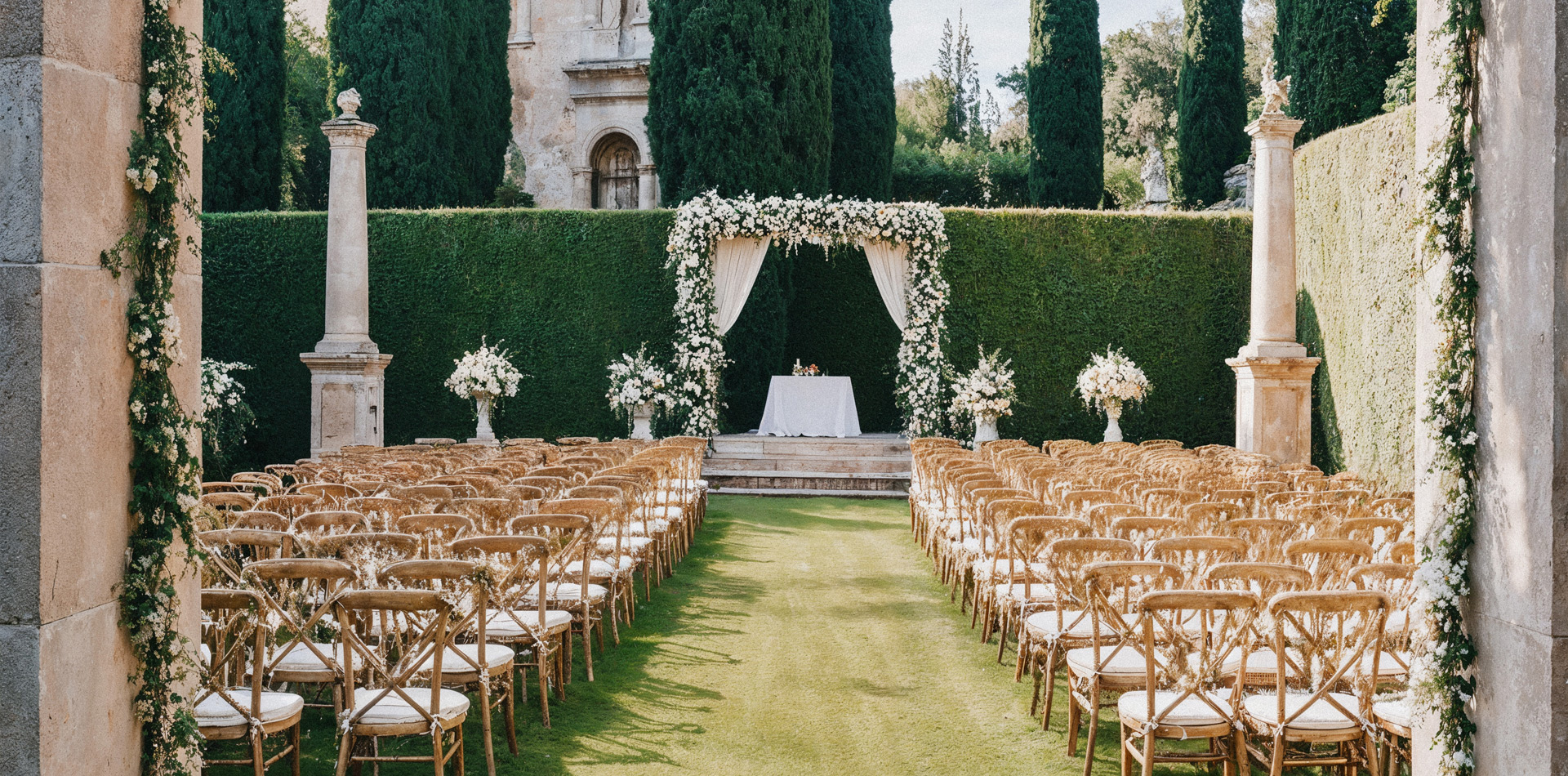 Allée de cérémonie laïque décorée pour un mariage élégant en extérieur