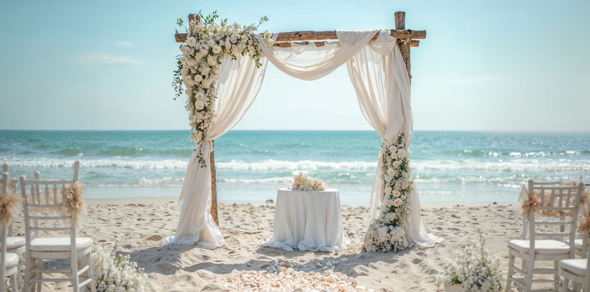 Arche de cérémonie de mariage installée sur une plage paradisiaque