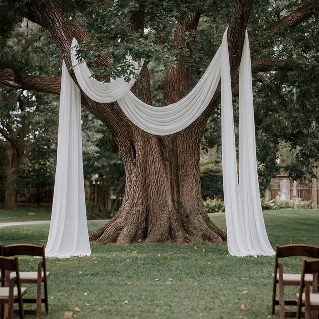 Grand arbre habillé de voilages blancs pour une cérémonie de mariage en extérieur