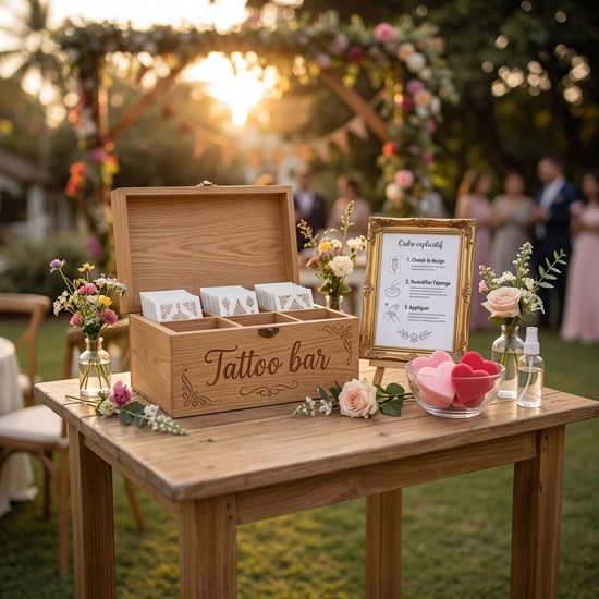 Bar à tatouages éphémères installé dans un jardin pour les invités d’un mariage