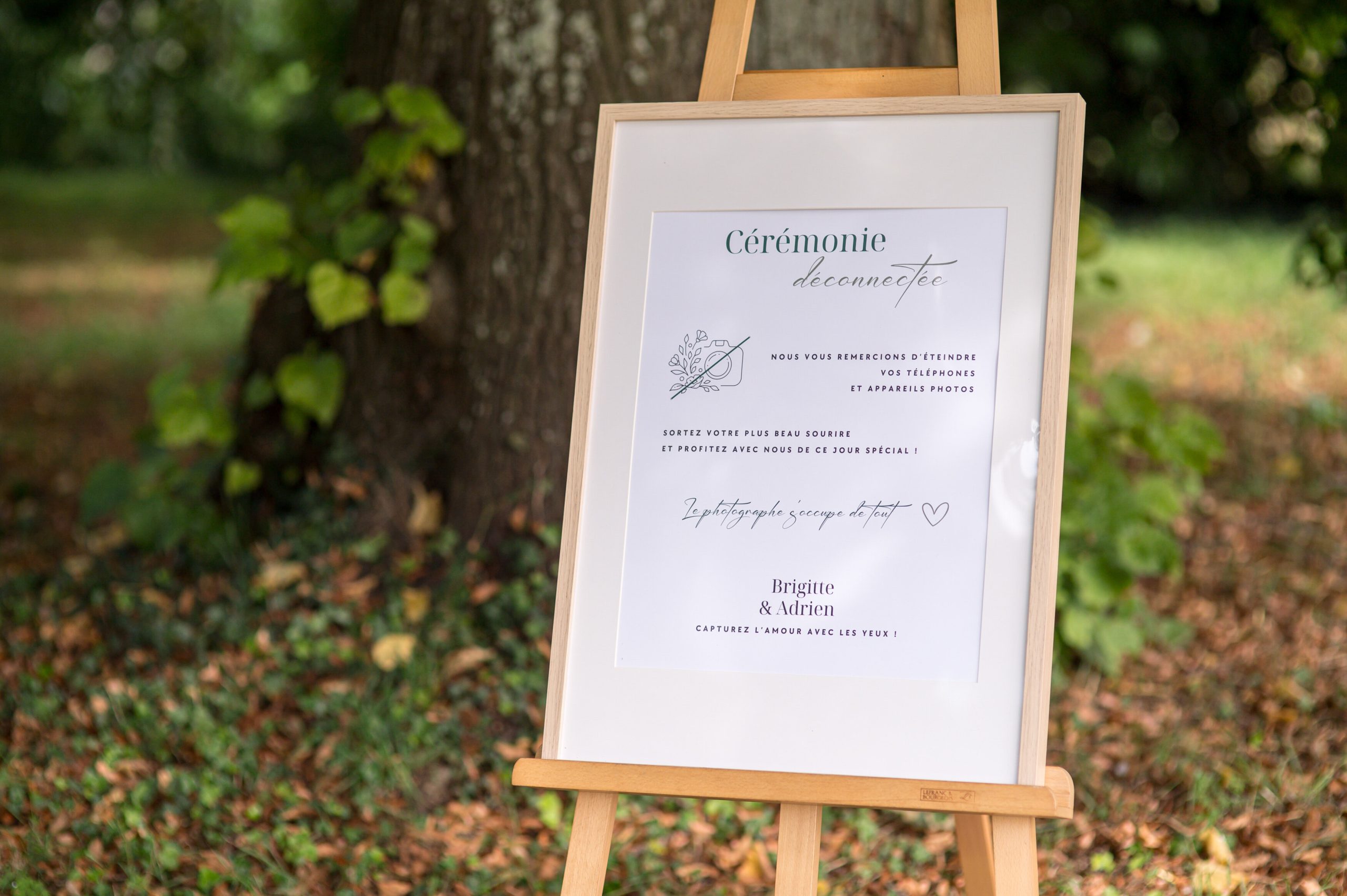 Panneau annonçant une cérémonie de mariage déconnectée installé dans un jardin