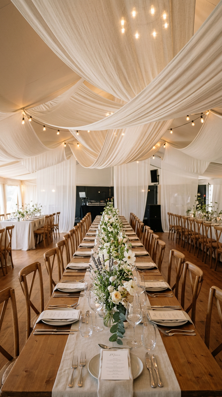 Tables de mariage dressées sous des voilages blancs dans une salle de réception